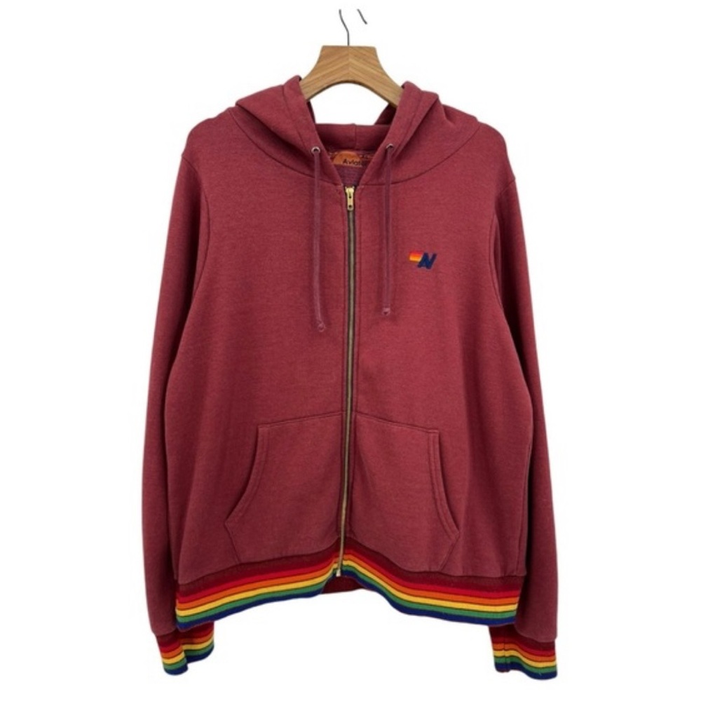Aviator Nation Rainbow Rib Zip Hoodie in Claret/Burgundy - Unisex